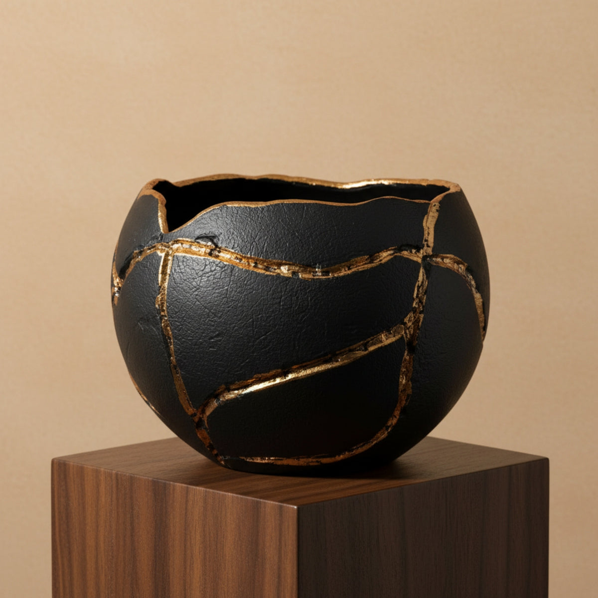 A black ceramic bowl with a cracked glaze design highlighted by metallic gold lines, displayed on a dark wood pedestal against a warm beige background.