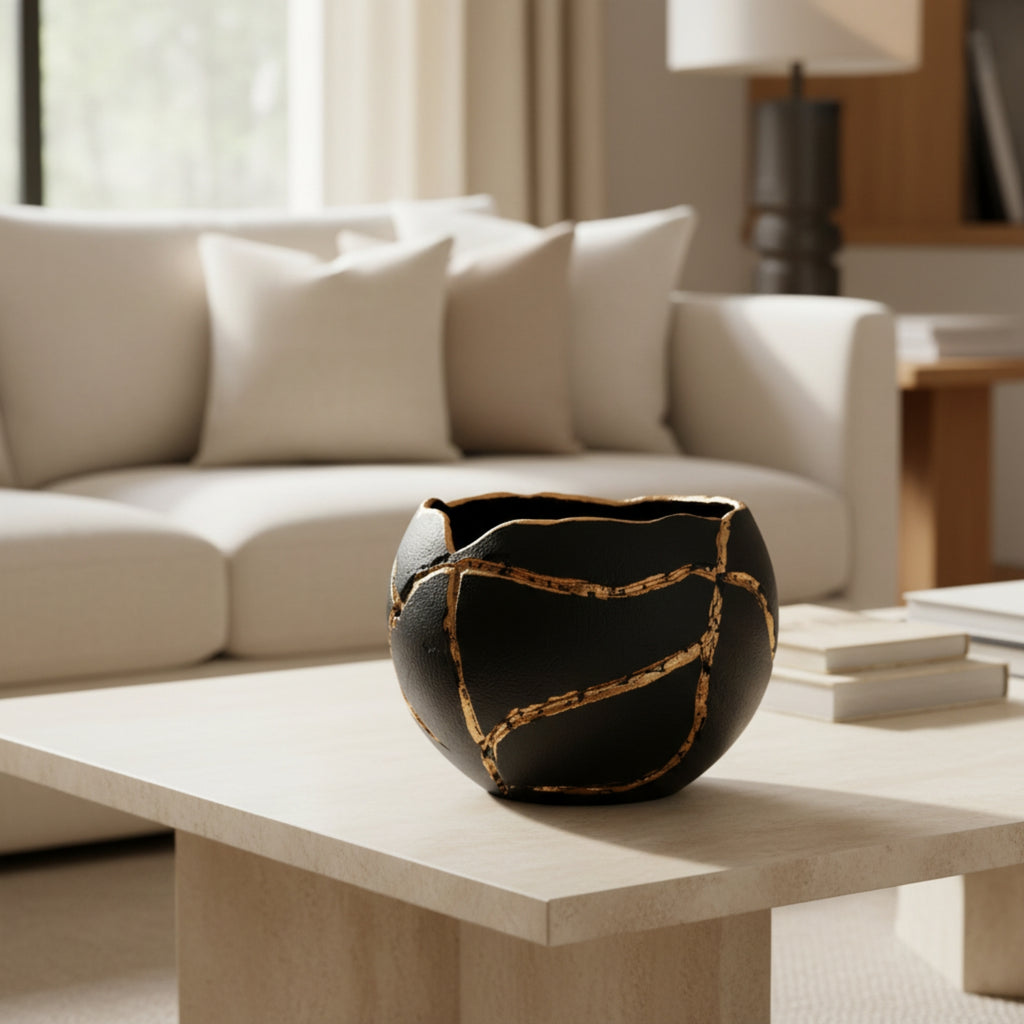 A black ceramic bowl with gold crackle-style detailing sits on a light wood coffee table in a modern living room setting with a cream sofa in the background.