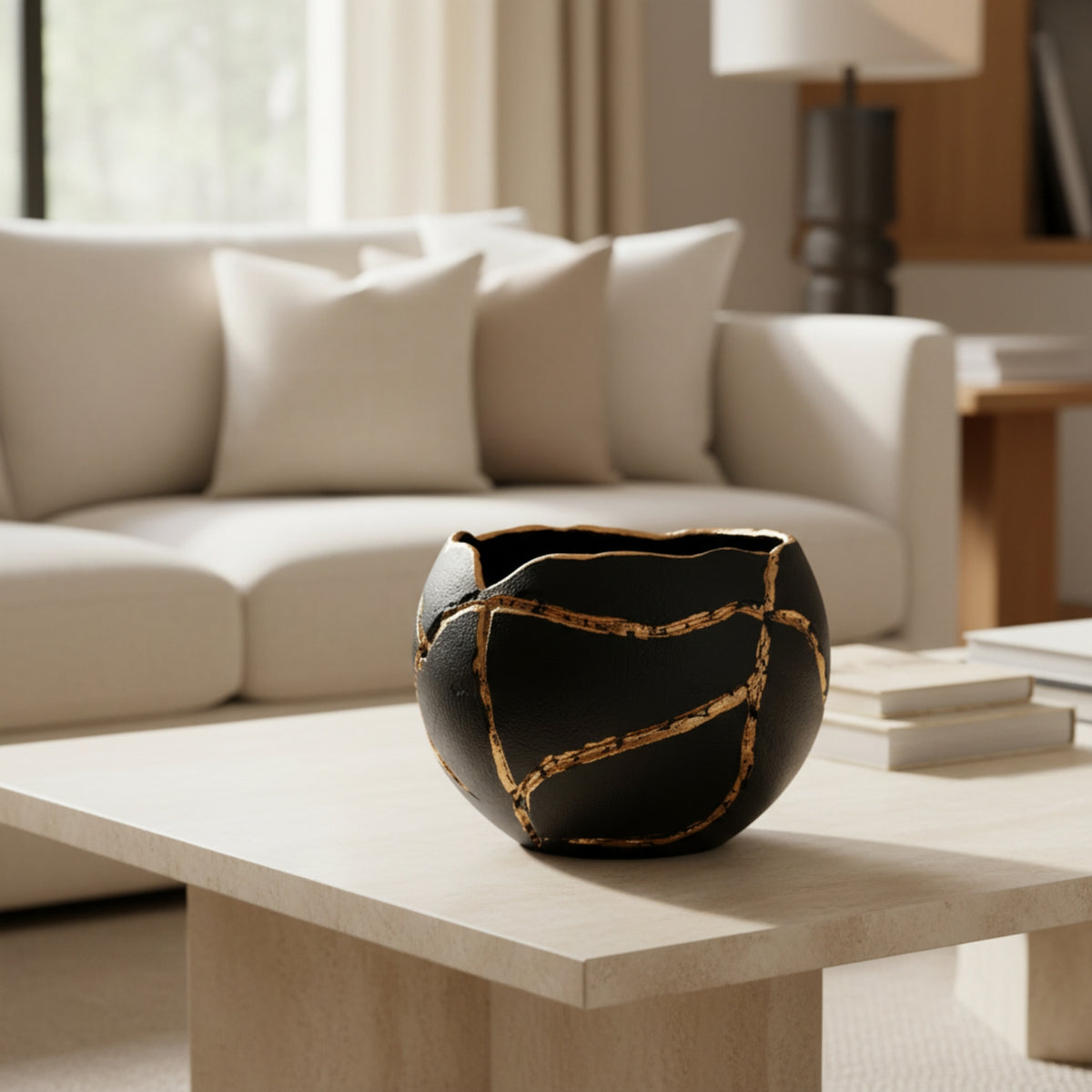 A black ceramic bowl with gold crackle-style detailing sits on a light wood coffee table in a modern living room setting with a cream sofa in the background.
