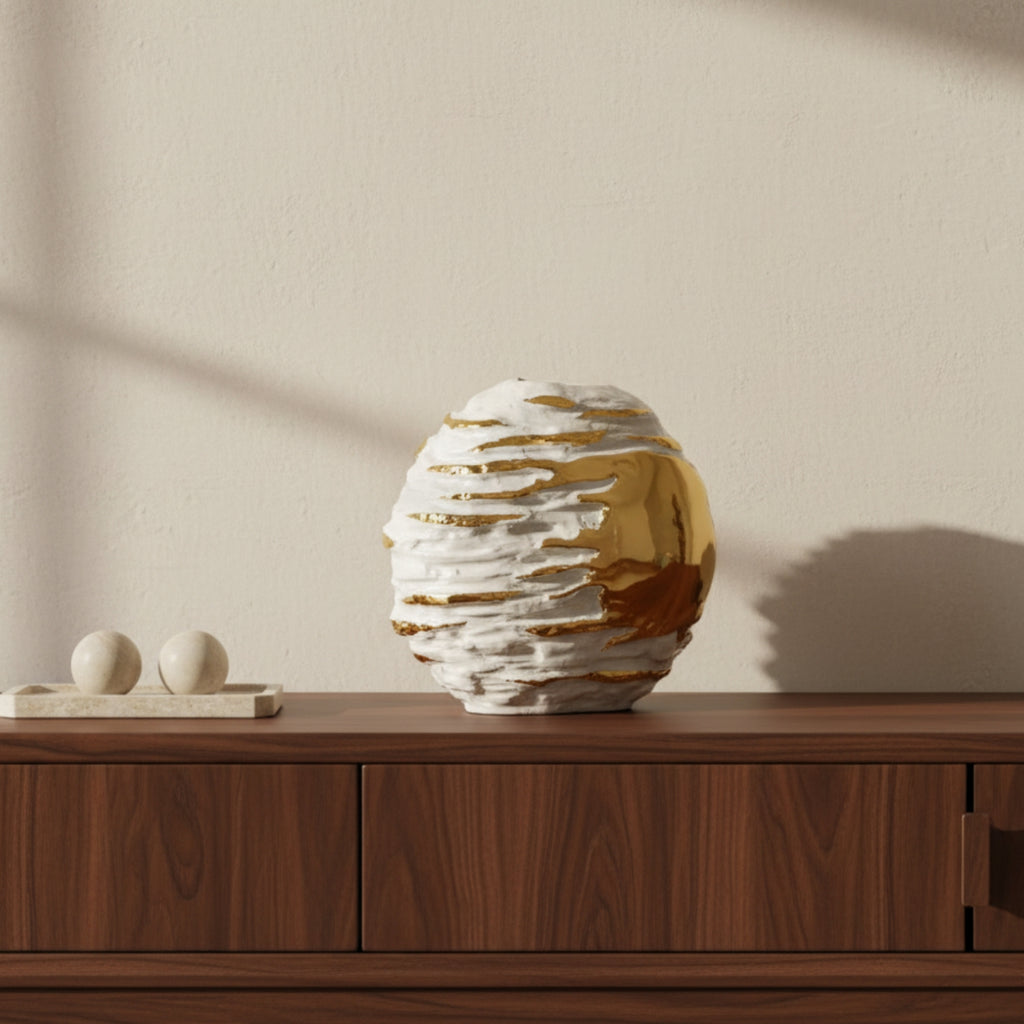 A sculptural, egg-shaped decorative vase with a textured white ceramic body and metallic gold leaf accents, displayed on a dark wood sideboard against a beige wall.