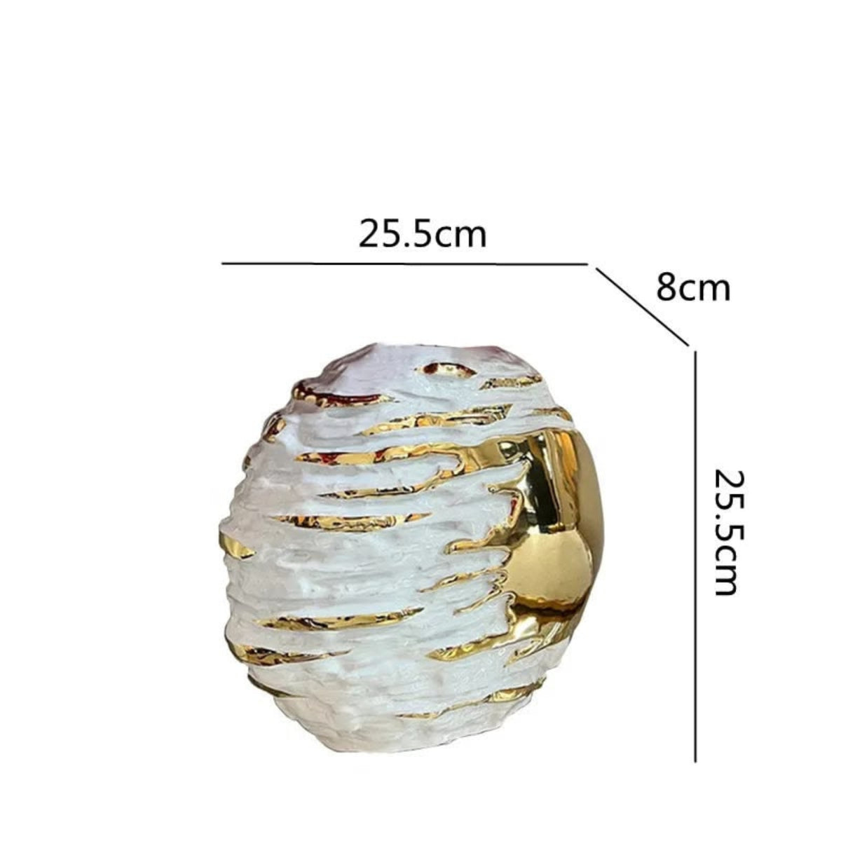 A decorative sculptural vase with a textured white and gold ribbed design, shown with black dimension lines and text indicating measurements of 25.5cm, 8cm, and 25.