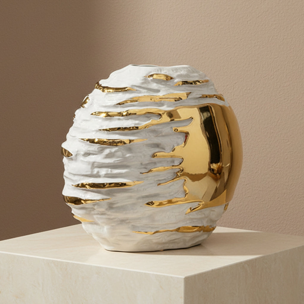 A sculptural oval vase with a textured white ceramic body and reflective gold metallic accents, displayed on a light stone pedestal against a warm beige wall.