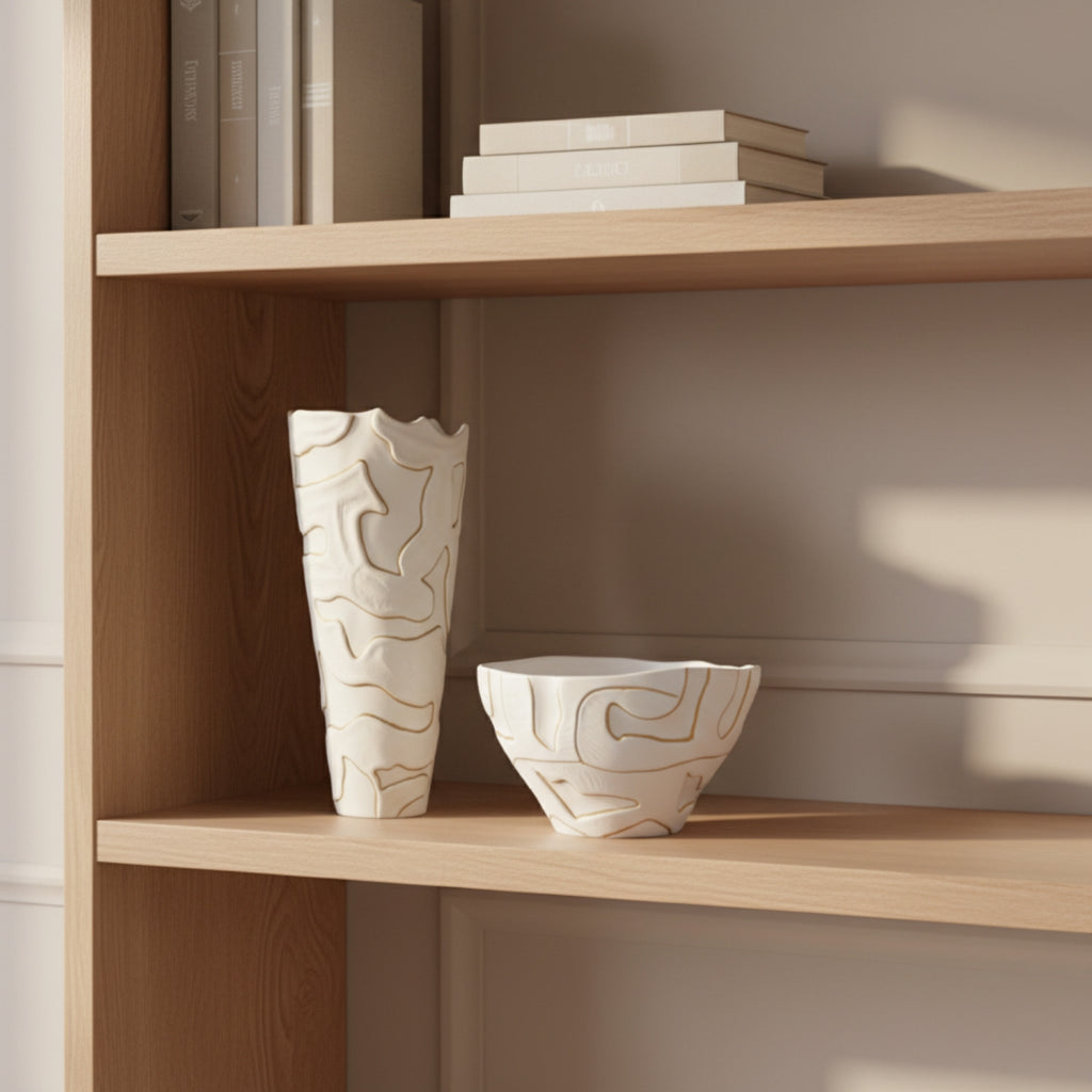 A white ceramic vase and matching bowl with abstract gold line patterns, displayed on a light wood bookshelf next to books.