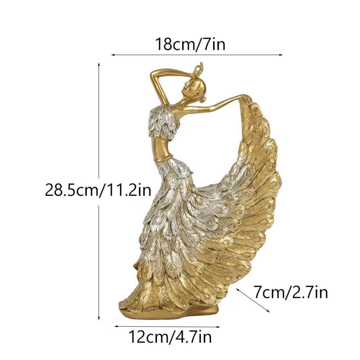 Gold and silver metallic dancing woman figurine with dimension markings showing height of 28.5cm, width of 18cm, and base width of 12cm on a white background.