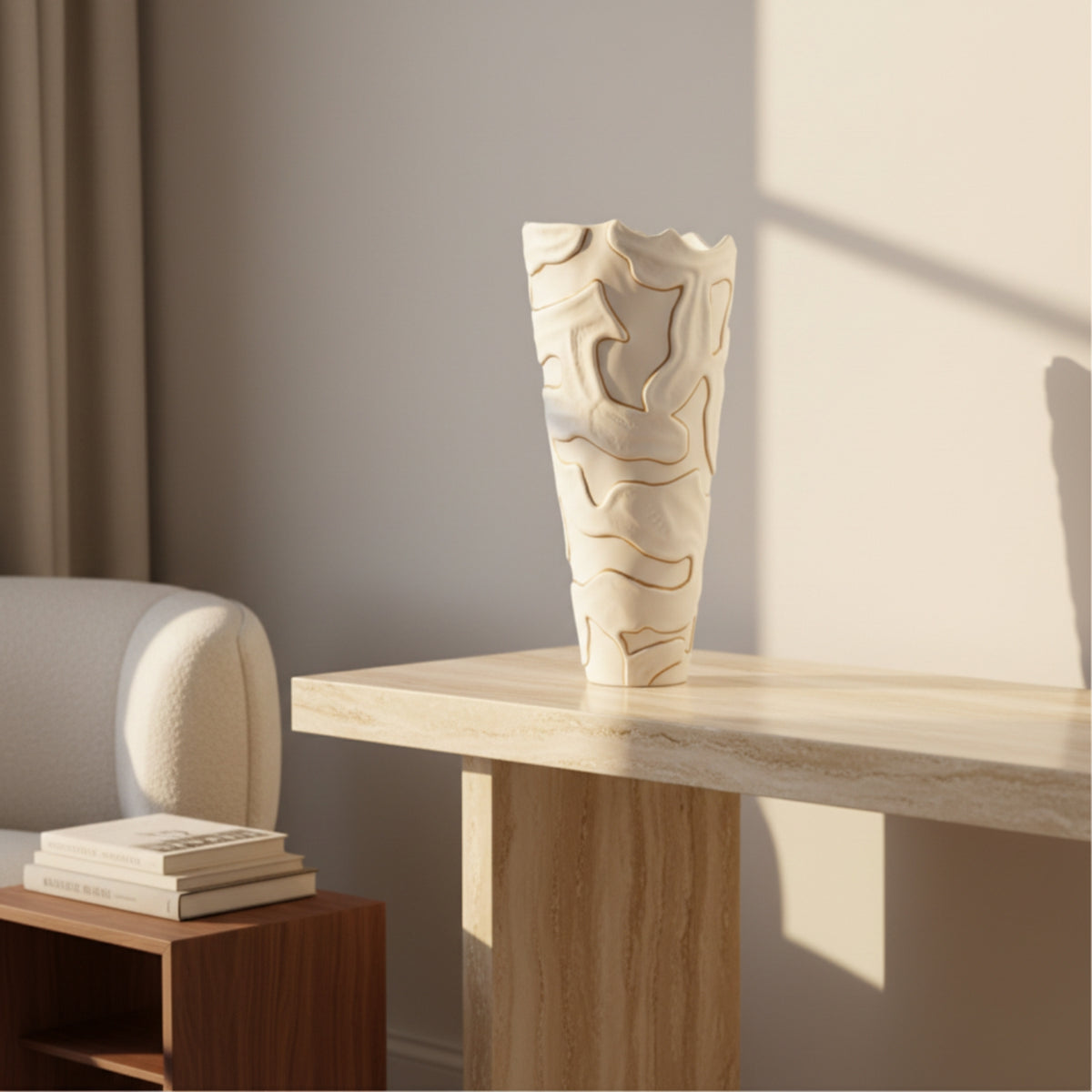 A tall sculptural ceramic vase in warm cream with organic raised lines, displayed on a light wood console table in a softly lit interior setting.