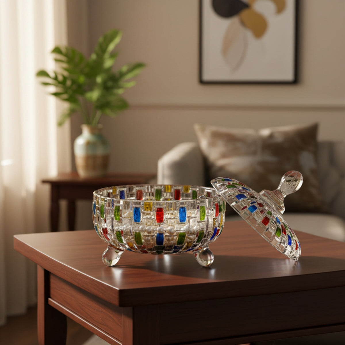 A clear glass decorative bowl with a matching lid, decorated with colorful mosaic glass accents in red, blue, green, and yellow, displayed on a wooden table in a living room setting.