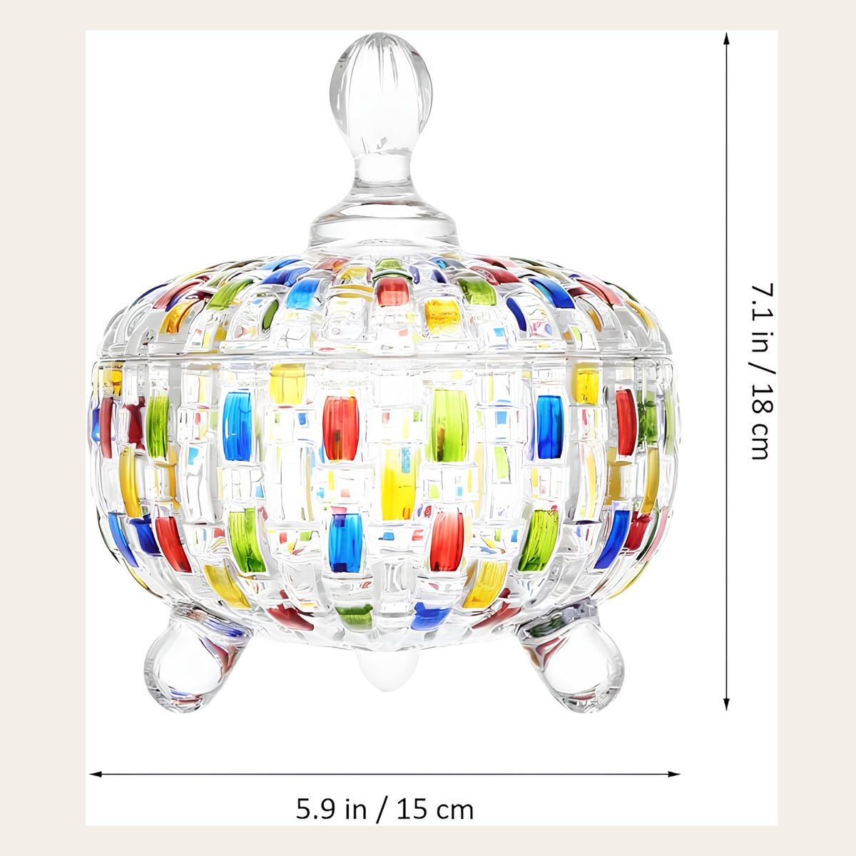 A clear glass decorative lidded container with a colorful mosaic pattern of red, blue, yellow, green, and orange glass accents, shown with dimension lines indicating 7.1 in / 18 cm height and 5.