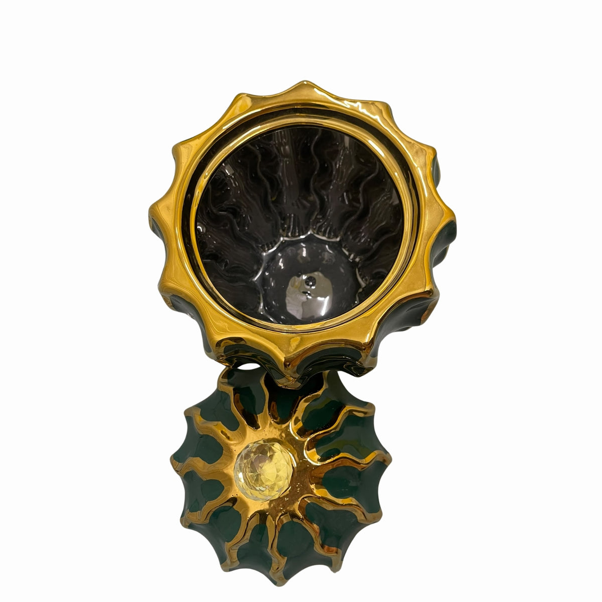 A vintage-style wall sconce with a gold-toned scalloped outer frame, a dark smoky glass shade, and a green enamel lower section with gold detailing and a central clear glass accent, shown against a plain white background.