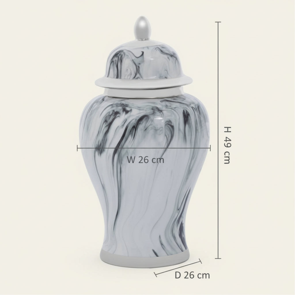 A lidded ceramic jar with a gray and white marble pattern, shown with dimension lines indicating a height of 49 cm, width of 26 cm, and depth of 26 cm.