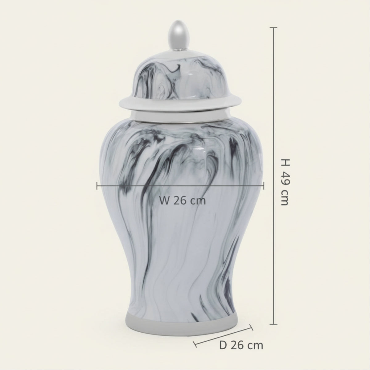 A lidded ceramic jar with a gray and white marble pattern, shown with dimension lines indicating a height of 49 cm, width of 26 cm, and depth of 26 cm.