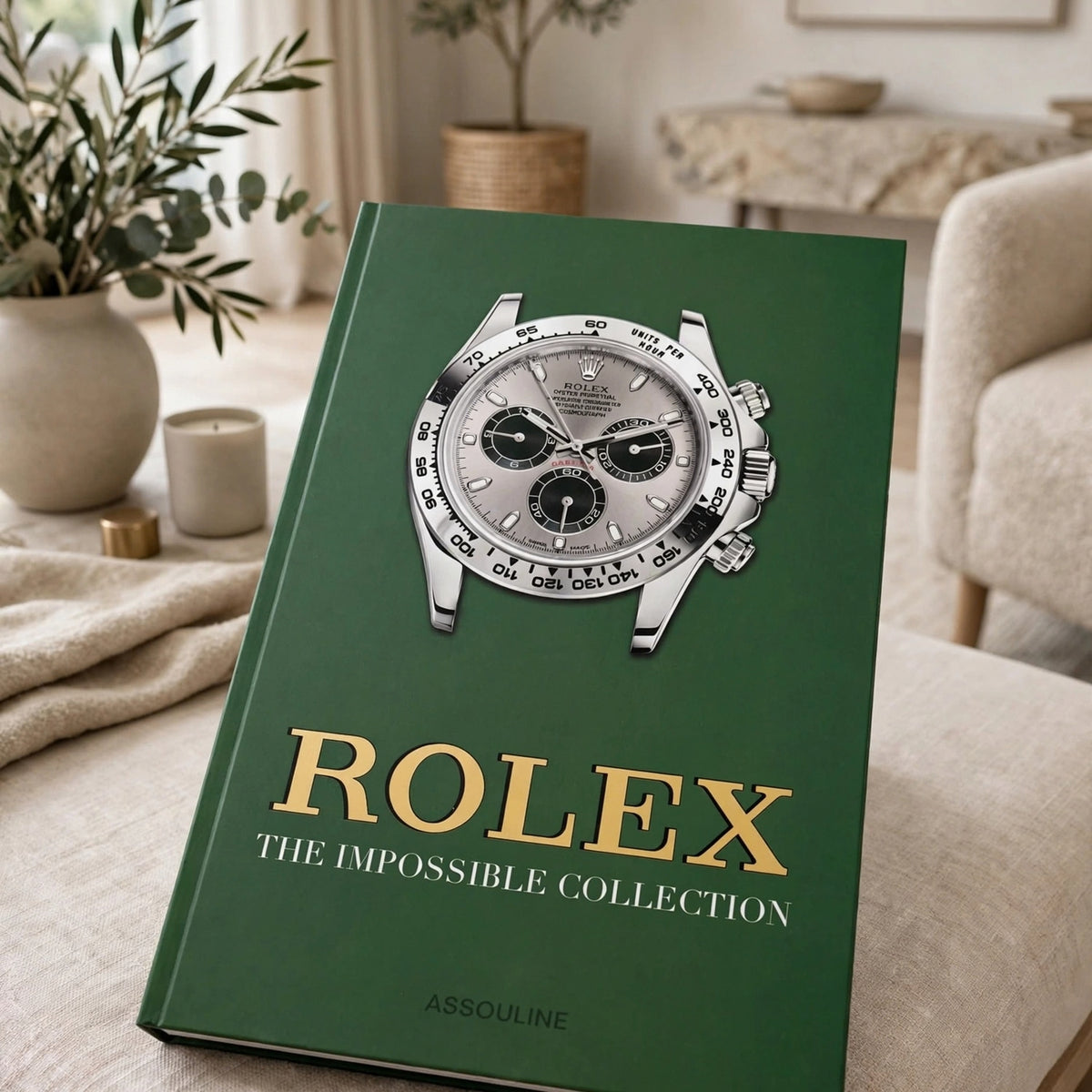 A hardcover book titled 'Rolex: The Impossible Collection' by Assouline, featuring a large Rolex Cosmograph Daytona watch illustration on a dark green cover, displayed on a beige sofa in a softly lit living room.