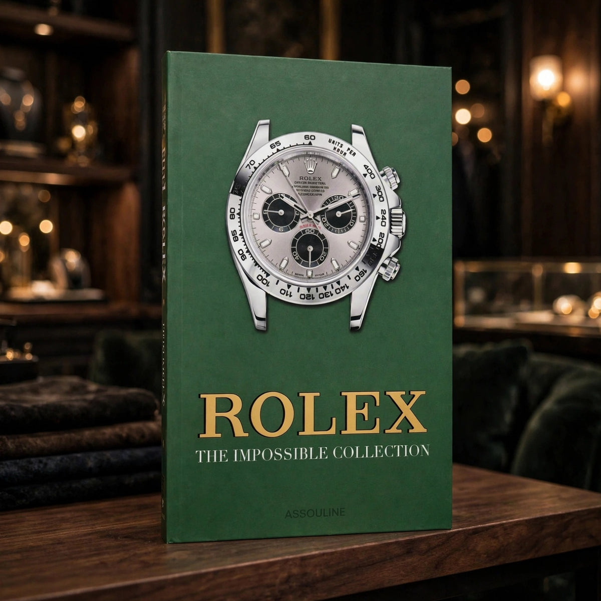 A hardcover book titled 'Rolex: The Impossible Collection' by Assouline, featuring a large Rolex watch illustration on a dark green cover, displayed on a wooden table in a dimly lit, upscale interior.