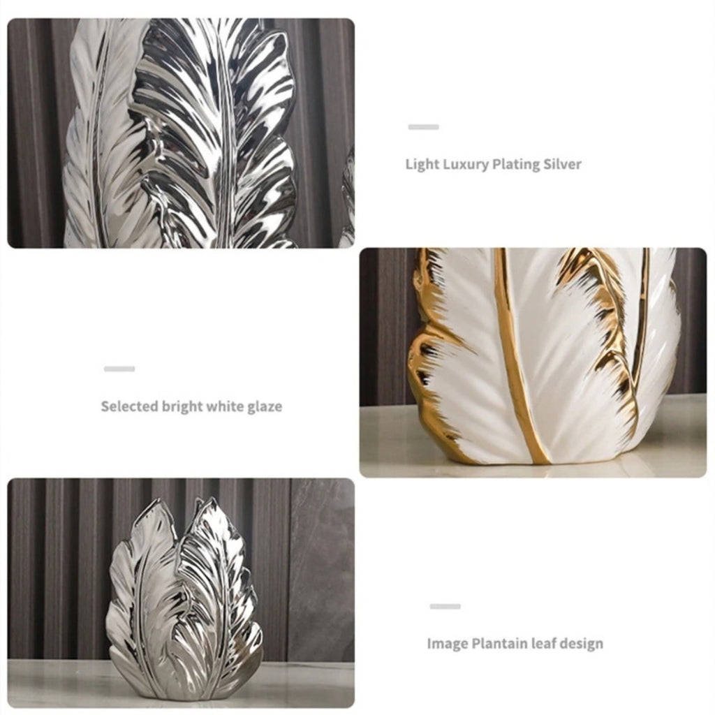 Decorative leaf-shaped vases with different finishes on a white background.