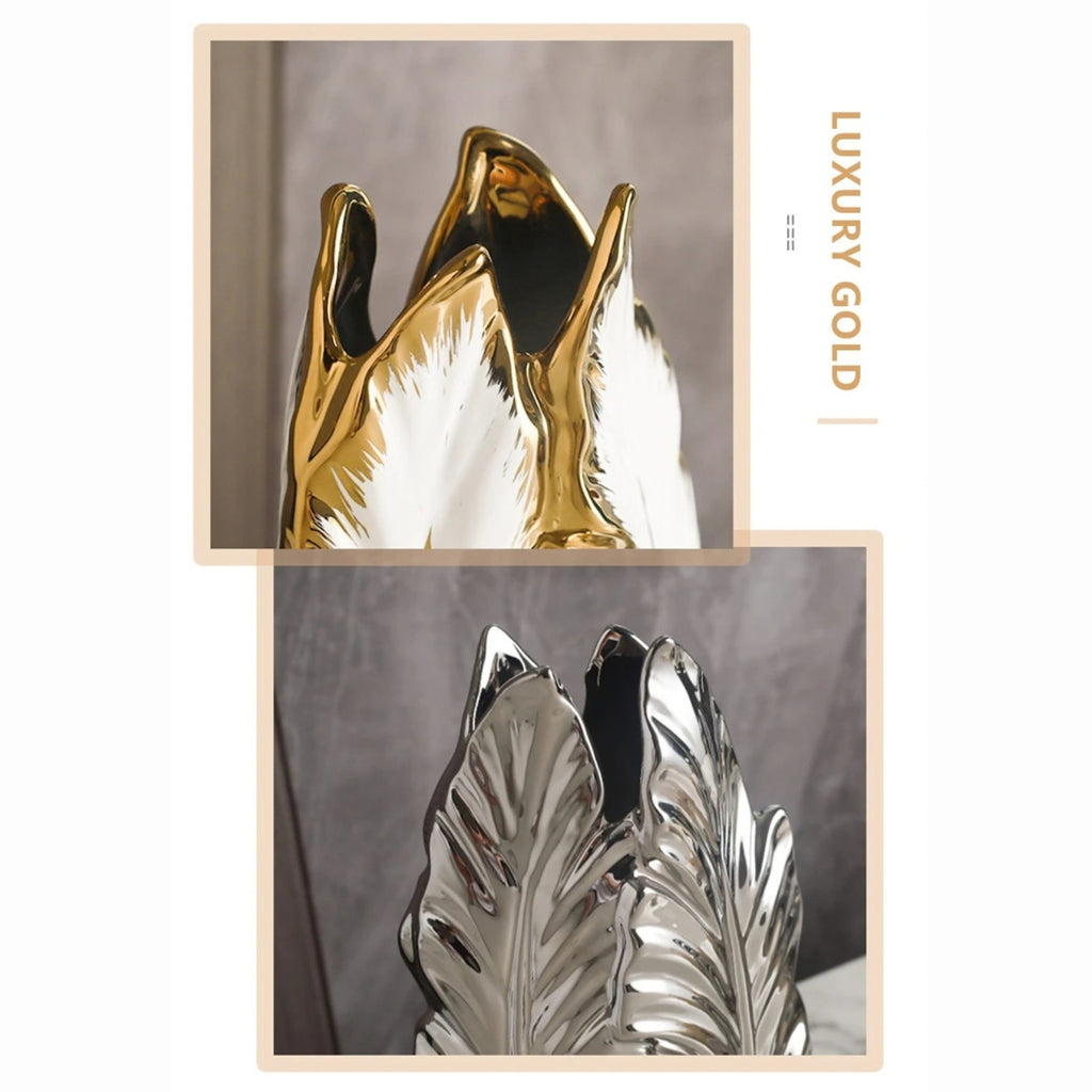 Two close-up product views of a decorative sculptural object with a metallic gold and white top section and a silver leaf-like lower section, shown on a light gray background with vertical text reading 'LUXURY GOLD'.
