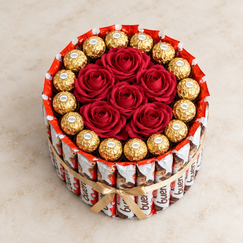 A round gift box arrangement featuring red roses in the center, surrounded by a ring of Ferrero Rocher chocolates, with wrapped chocolate bars standing around the sides and tied together with a gold ribbon. The product is photographed on a light beige marble surface.