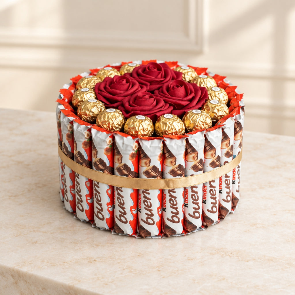 A round chocolate gift cake made from wrapped chocolate bars around the sides, topped with red fabric roses and several gold-wrapped chocolates, set on a light beige marble surface.