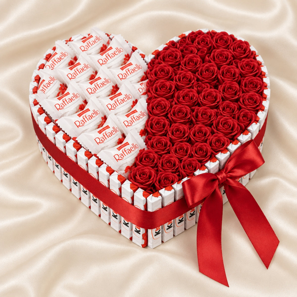 A heart-shaped gift arrangement made from white Raffaello chocolate bars on one side and red artificial roses on the other, tied with a red ribbon and bow, set on a cream satin background.