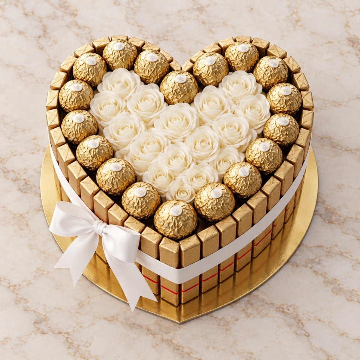 A heart-shaped gourmet chocolate cake decorated with white rose-shaped frosting, a border of gold-wrapped Ferrero Rocher chocolates, a white ribbon with a bow, and a gold base, set on a light marble surface.