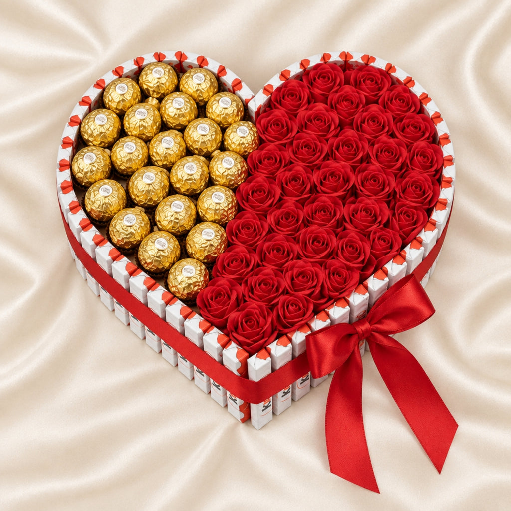 A heart-shaped gift box filled with red roses and Ferrero Rocher chocolates, tied with a red ribbon, set against a beige satin background.