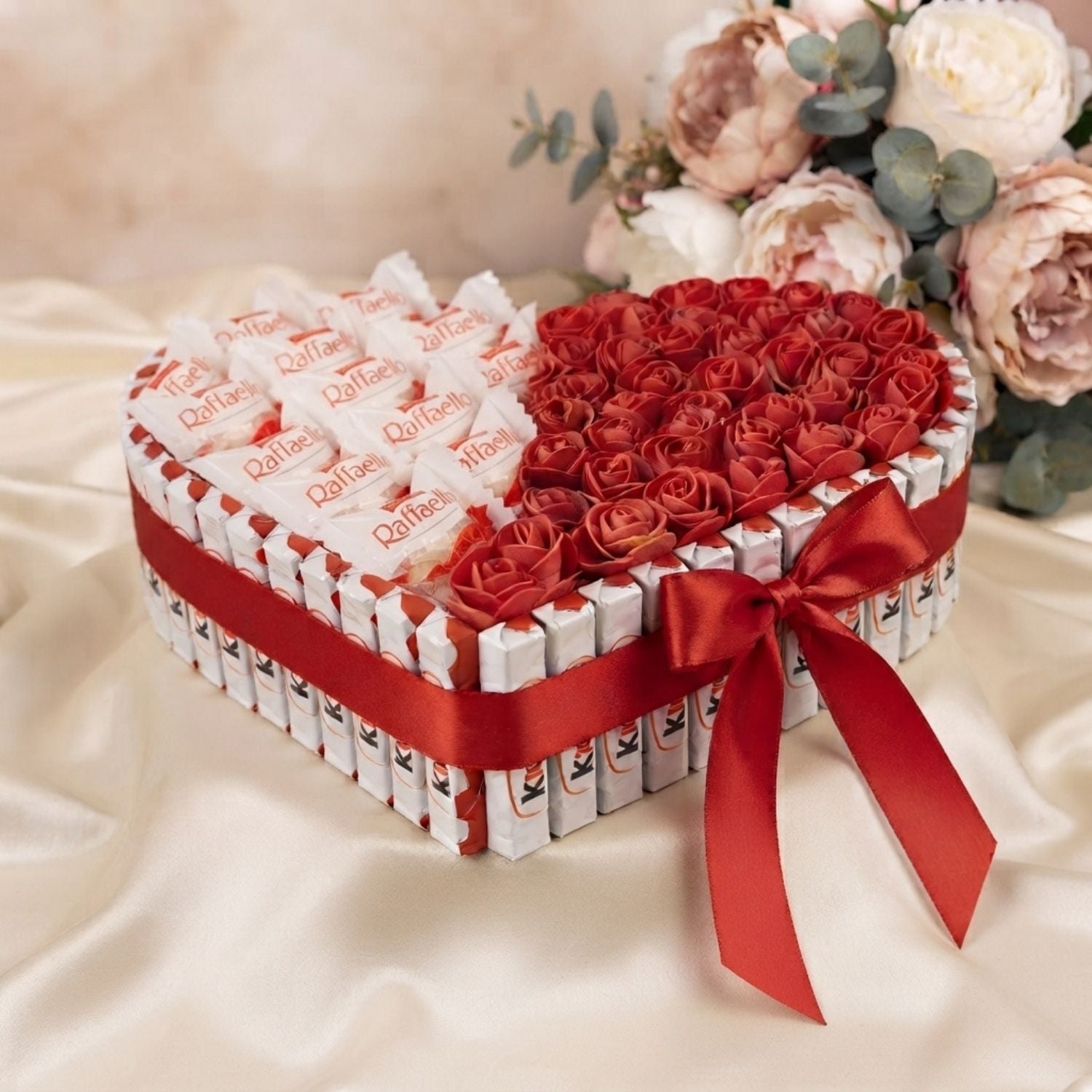 A heart-shaped chocolate gift box made from wrapped chocolates and red rose-shaped chocolates, tied with a red ribbon and bow, displayed on a cream satin surface with flowers in the background.