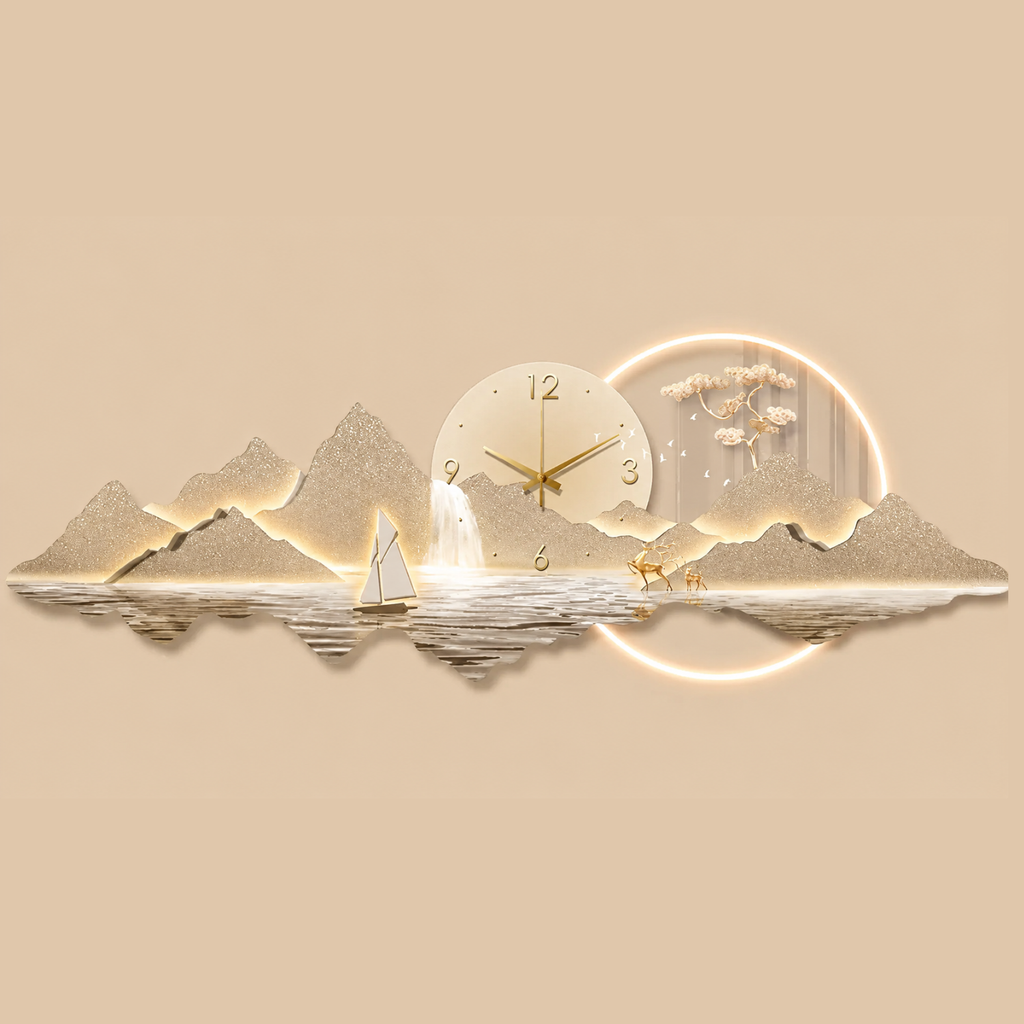Luxury Gold LED Mountain Watterfall Landscape Wall Clock