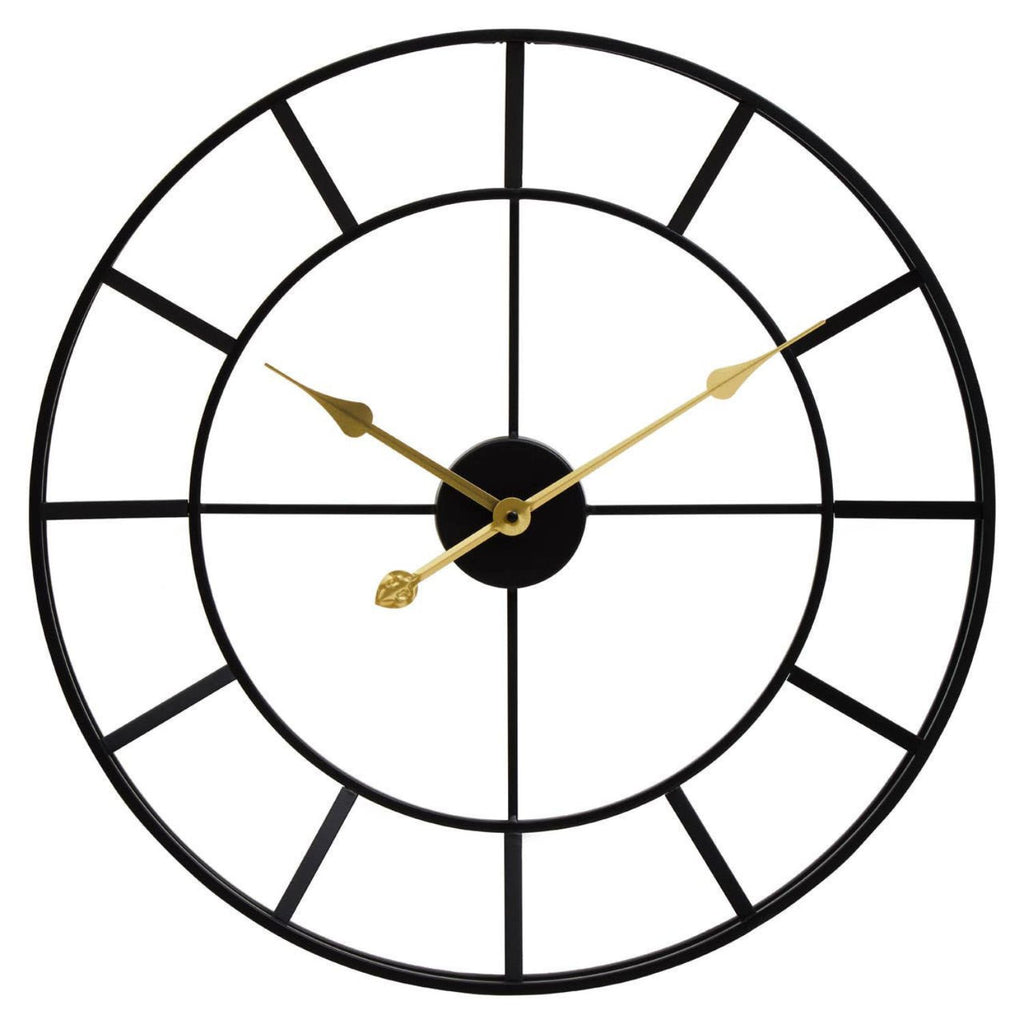 A minimalist black metal wall clock with a large circular frame, segmented hour markers, and gold-toned hands on a white background.