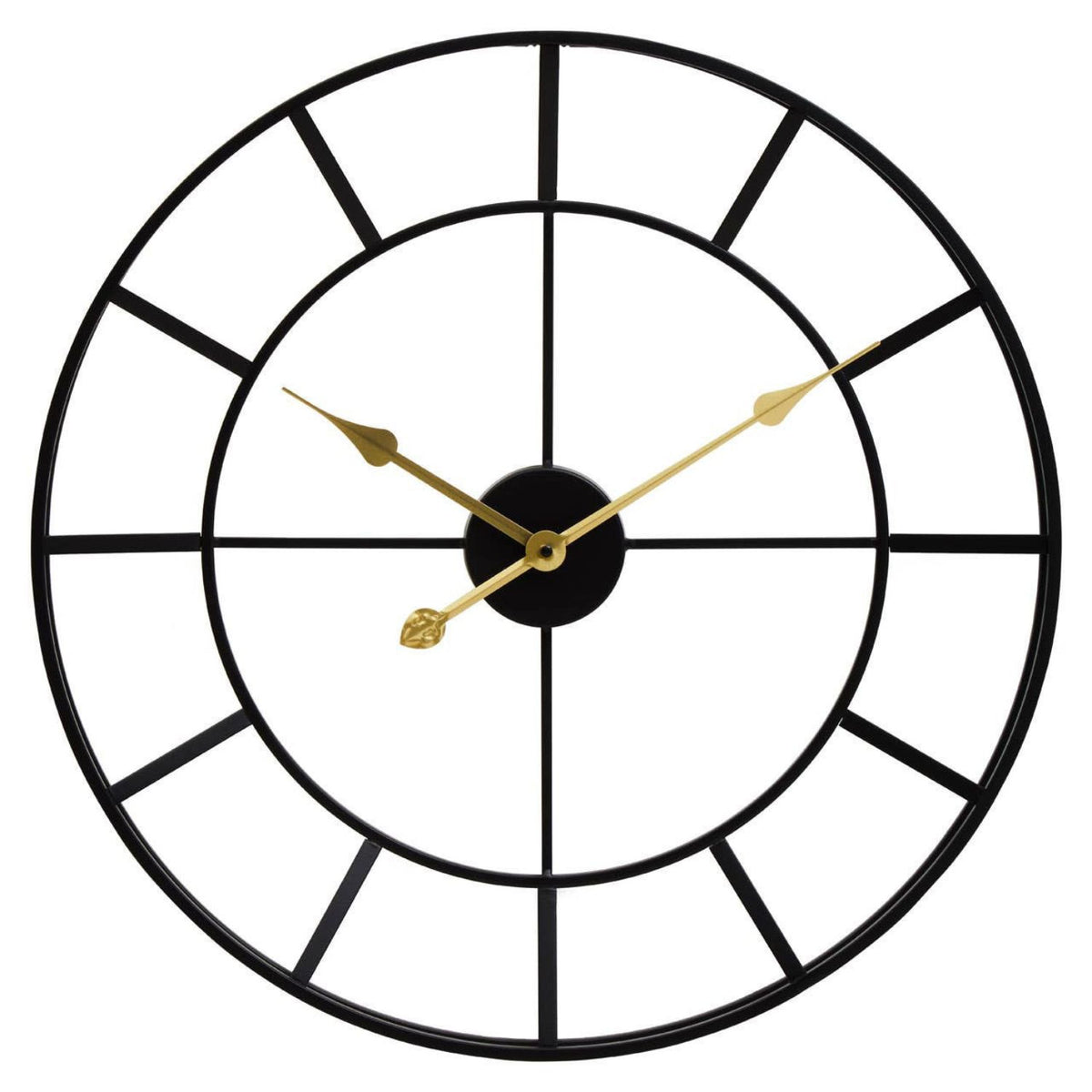 A minimalist black metal wall clock with a large circular frame, segmented hour markers, and gold-toned hands on a white background.