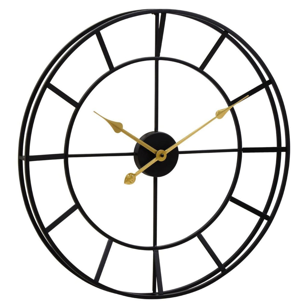 A minimalist black metal wall clock with a double-ring circular frame, gold-toned hands, and no numerals, shown against a solid white background.