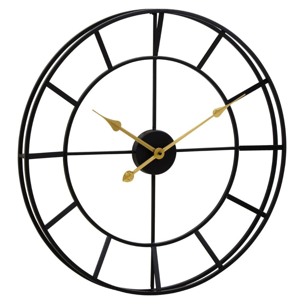 A minimalist black metal wall clock with a double-ring circular frame, gold-toned hands, and no numerals, shown against a solid white background.