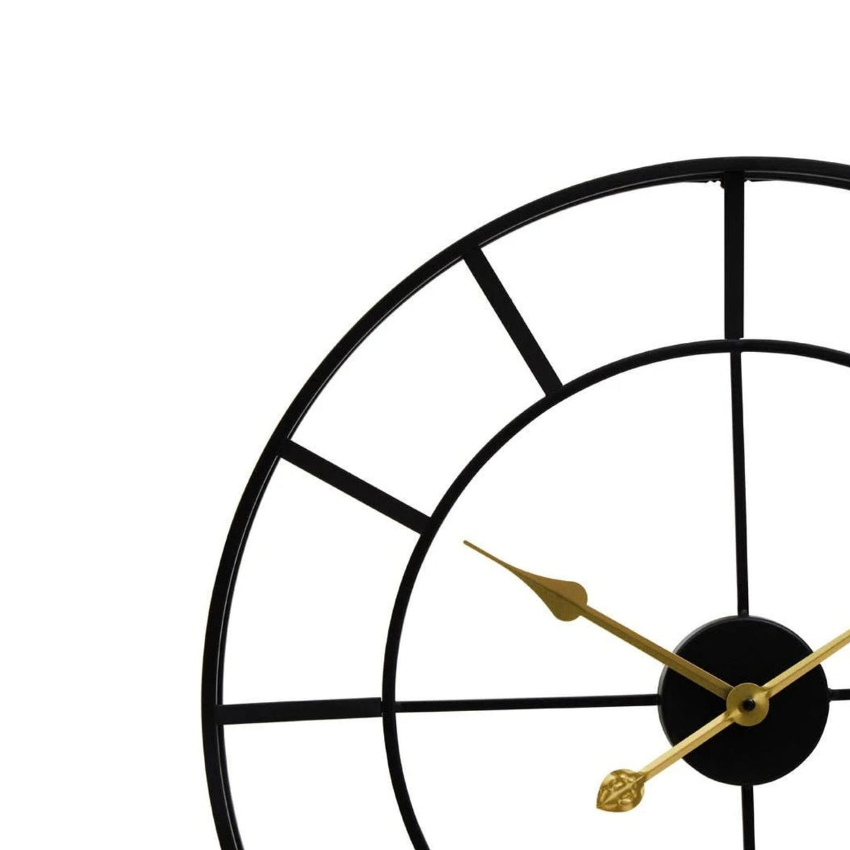 Close-up of a modern wall clock with a black metal ring and crossbar design, gold hands, and a black center against a white background.