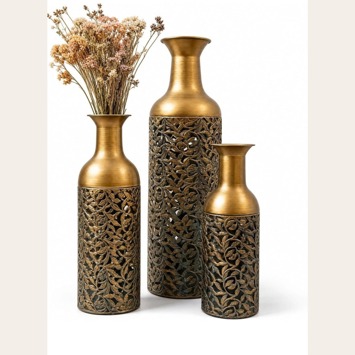 Antique Gold Leaf-Detail Vases – Set of 3