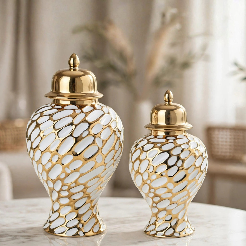 Mosaic Ceramic Ginger Jar with Lid Gold & White