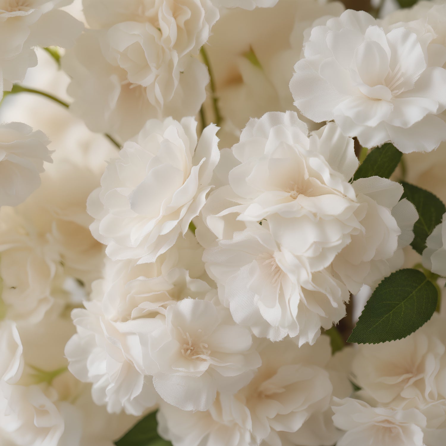 A close-up of a dense cluster of white to cream faux roses with dark green leaves, filling the entire frame.