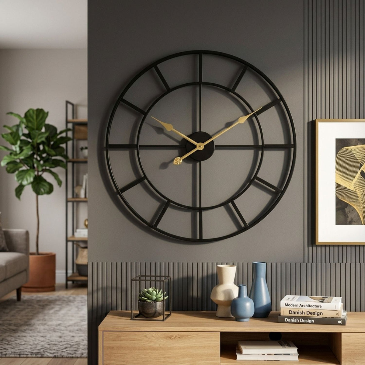 A large round black metal wall clock with gold hands hangs on a dark gray slatted wall above a wooden console table in a styled living room.