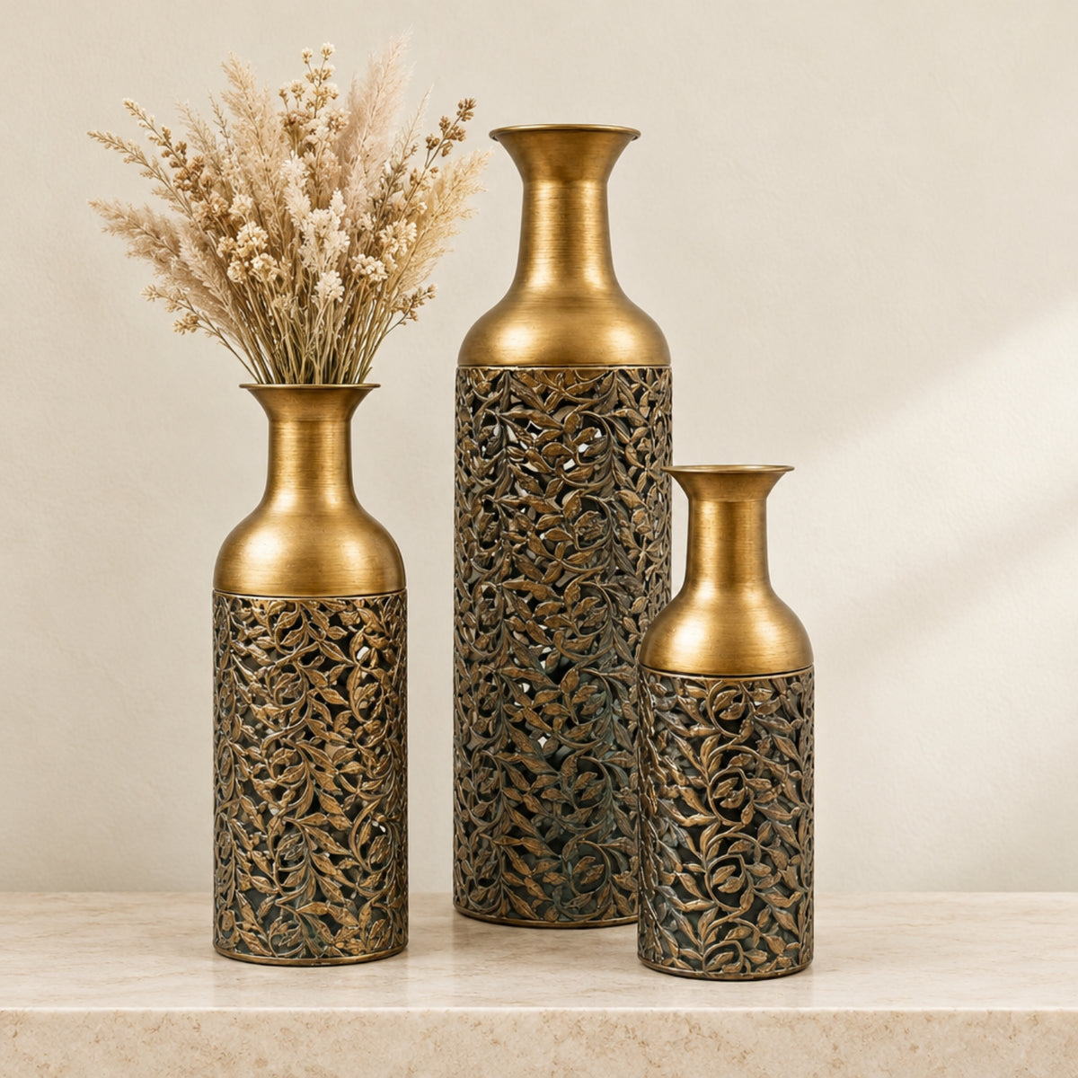 Antique Gold Leaf-Detail Vases – Set of 3