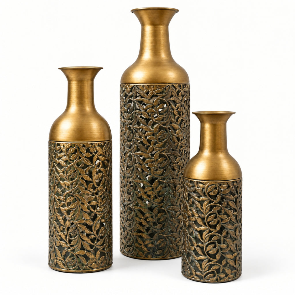 Antique Gold Leaf-Detail Vases – Set of 3