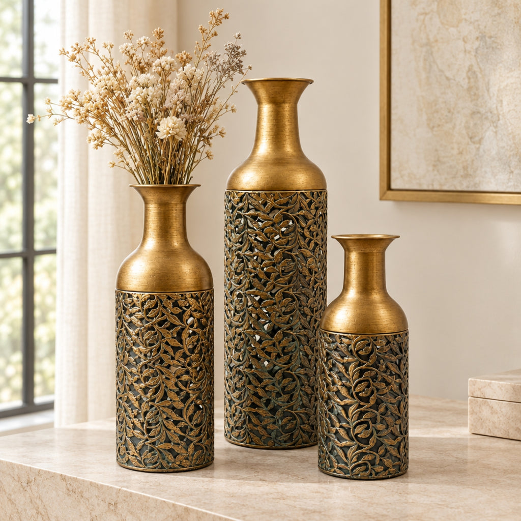 Antique Gold Leaf-Detail Vases – Set of 3