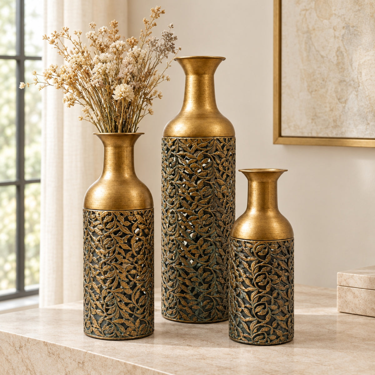 Antique Gold Leaf-Detail Vases – Set of 3