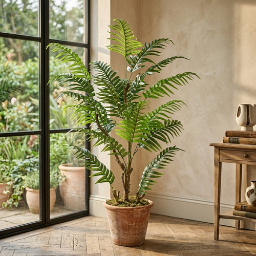 A tall potted artificial fern plant with lush green fronds stands in a terracotta pot on a wooden floor in a sunlit room with a window and a small side table.