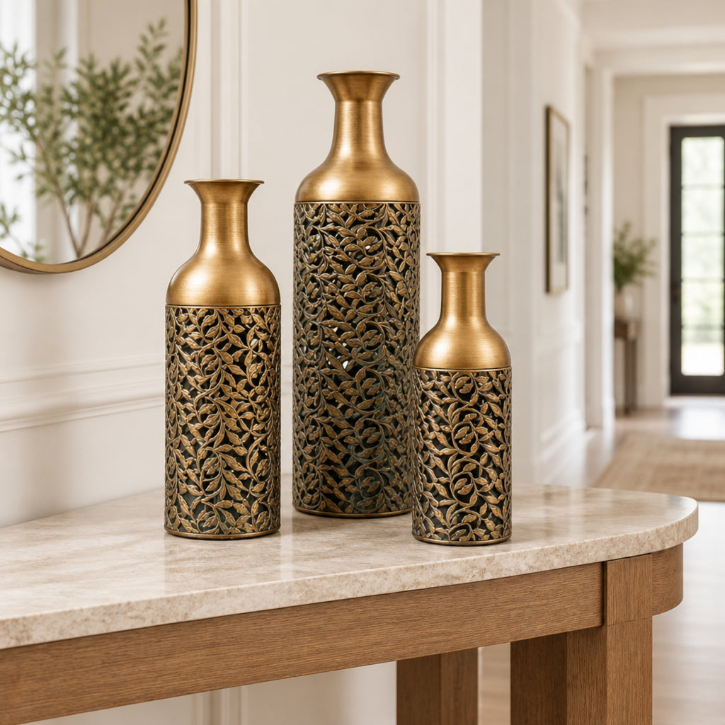 Antique Gold Leaf-Detail Vases – Set of 3