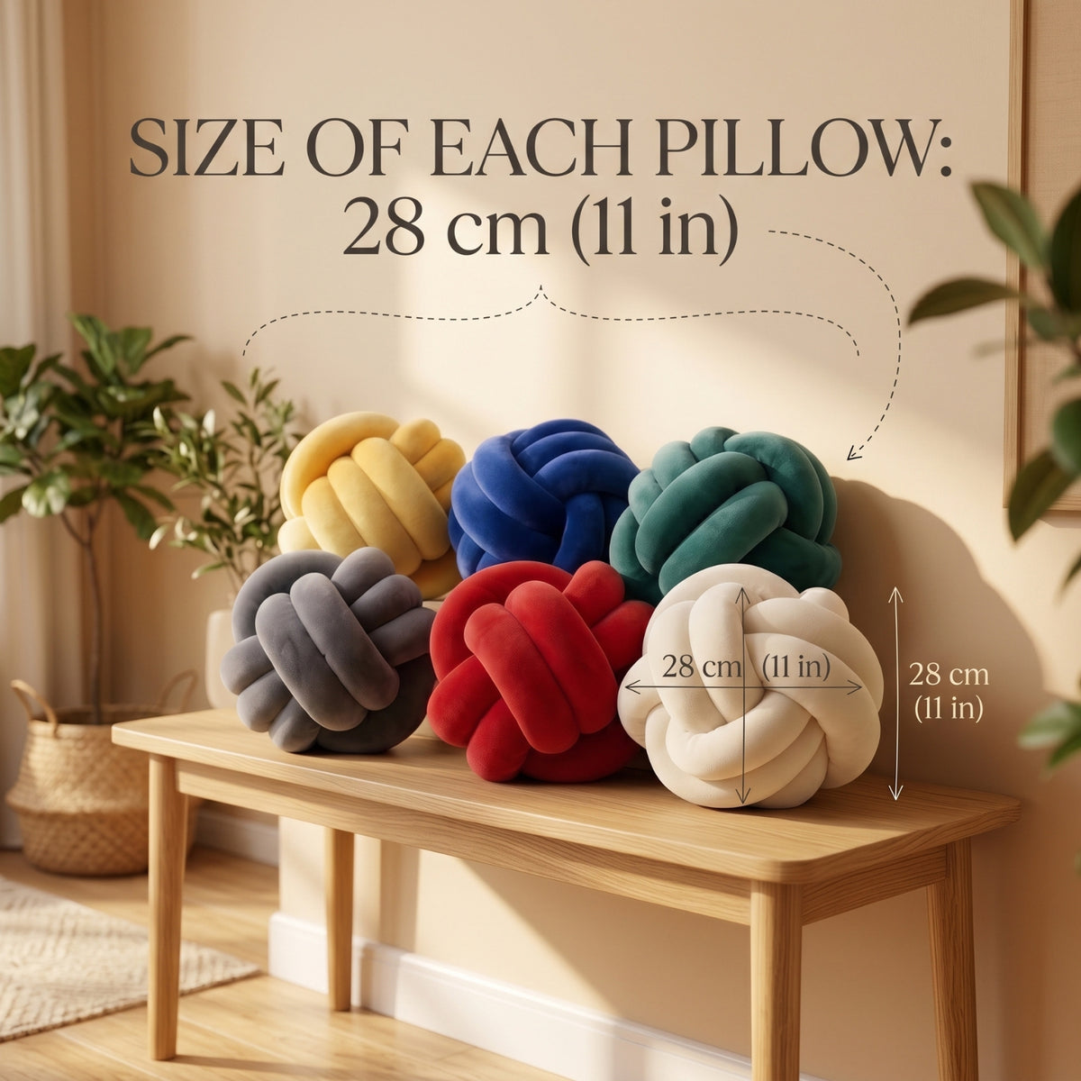 Six knotted velvet pillows in yellow, blue, teal, gray, red, and cream are arranged on a wooden table in a styled room setting. Text at the top reads 'SIZE OF EACH PILLOW: 28 cm (11 in)', with dimension arrows indicating the size of the front cream pillow.