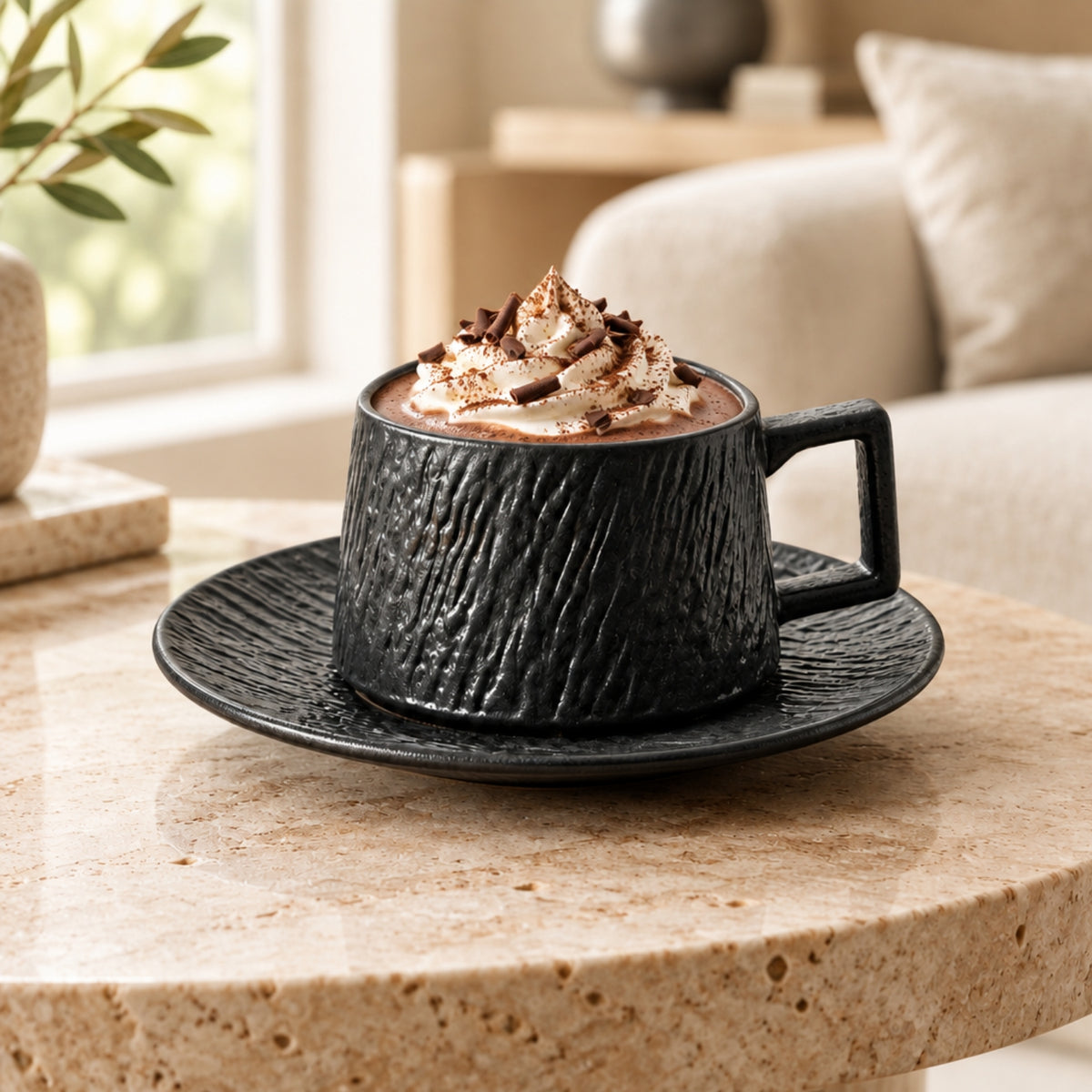 A black textured ceramic mug filled with a hot chocolate or coffee drink topped with whipped cream and chocolate shavings, sitting on a matching saucer on a stone table in a softly blurred living room setting.