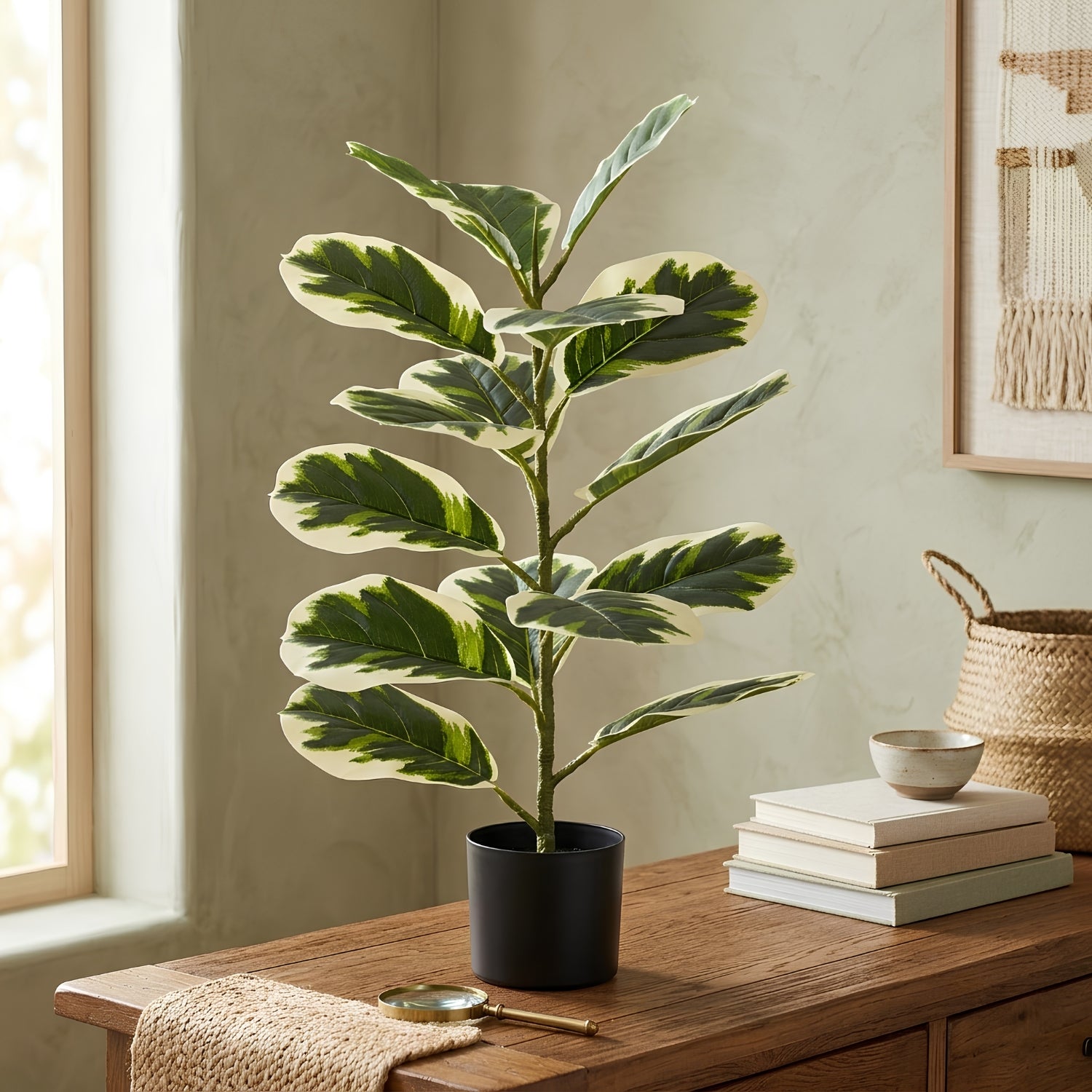 A variegated fiddle-leaf fig plant with green and cream leaves in a black pot, styled on a wooden table next to books and a woven basket in a warm, neutral-toned room.