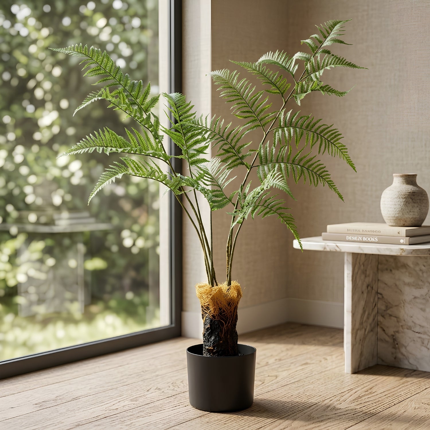 A potted artificial fern plant with lush green fronds stands in a black pot on a wooden floor next to a window and a marble side table.