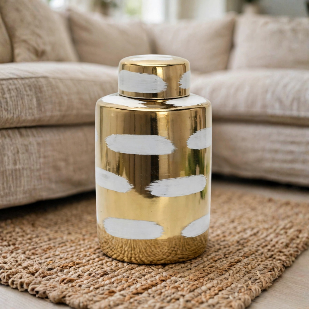Gold & White Brushstroke Ceramic Ginger Jar
