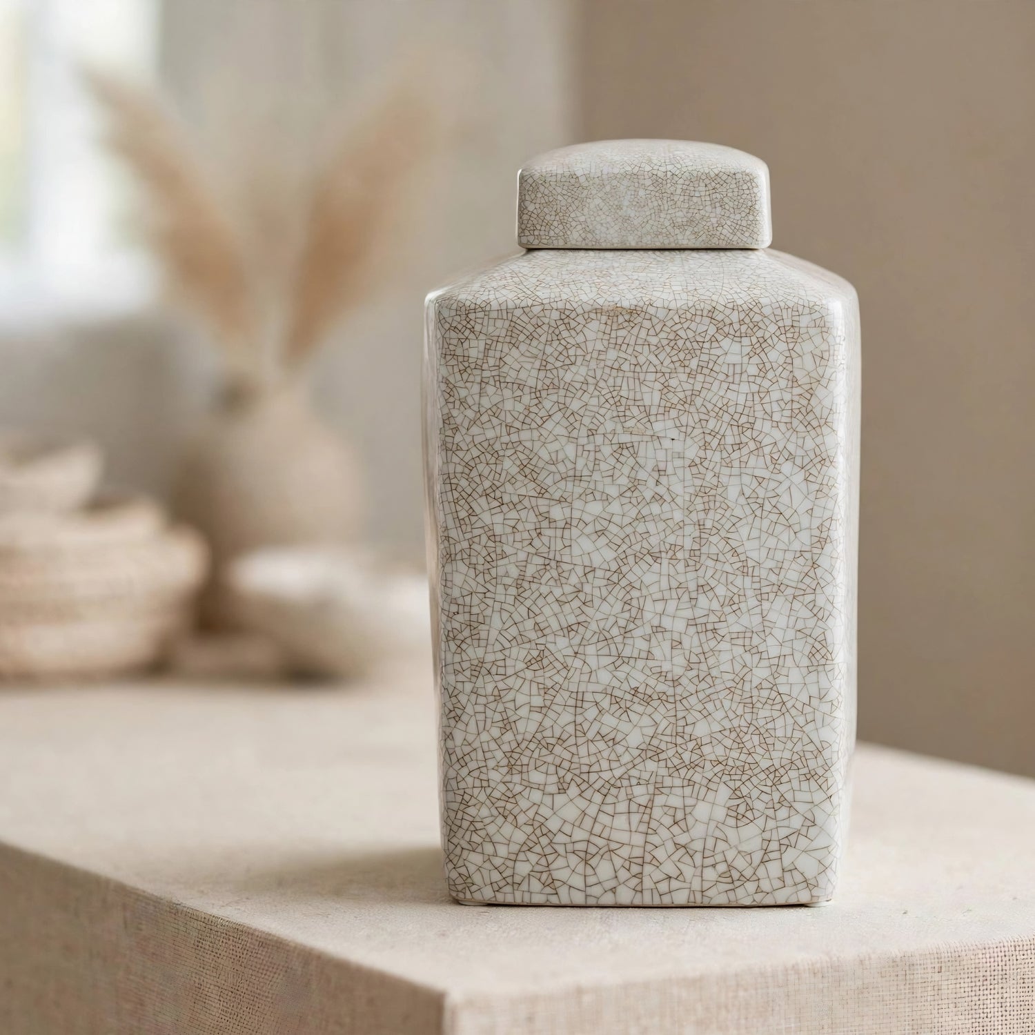 Ivory Crackle Glaze Ceramic Lidded Jar