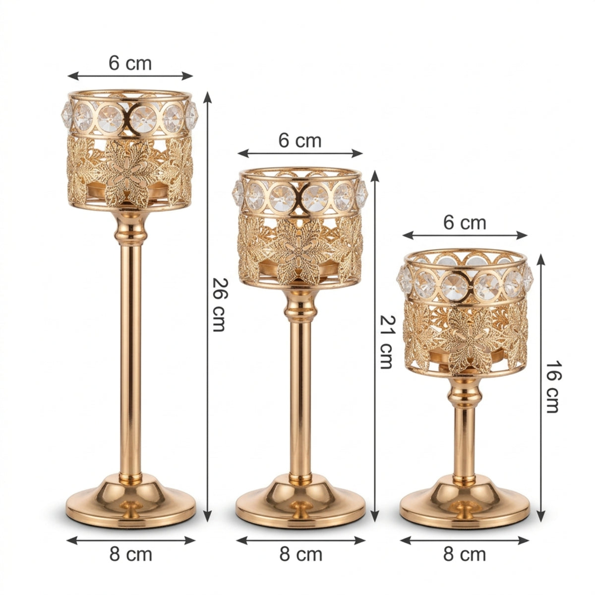 Three gold candle holders with clear crystal accents, shown in graduated sizes with overlaid dimension lines and measurements.