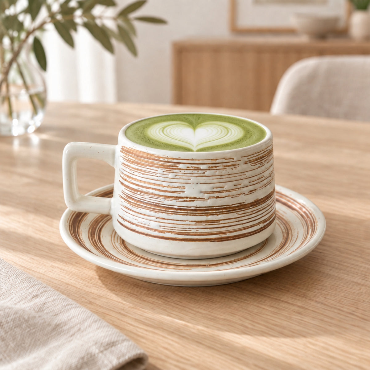 A ceramic cup and saucer set on a wooden table, featuring a white base with rustic brown horizontal brushstroke patterns. The cup is filled with a green matcha latte showing a heart-shaped leaf latte art design.