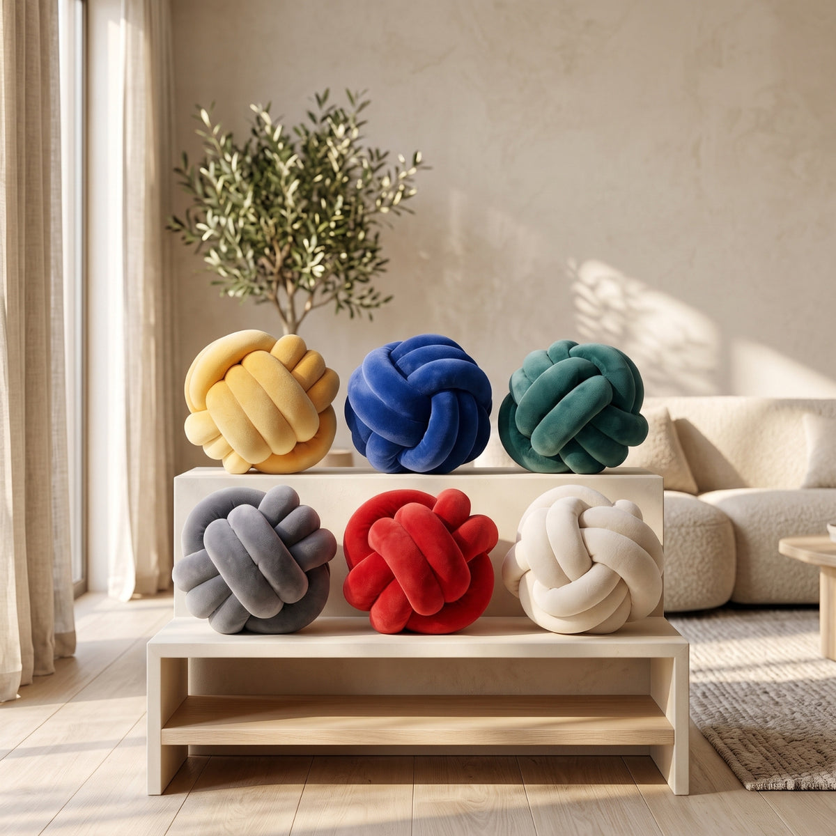 Six plush knot-shaped throw pillows in assorted colors are arranged on a light wood bench in a bright, modern living room. The pillows include yellow, blue, teal, gray, red, and off-white.