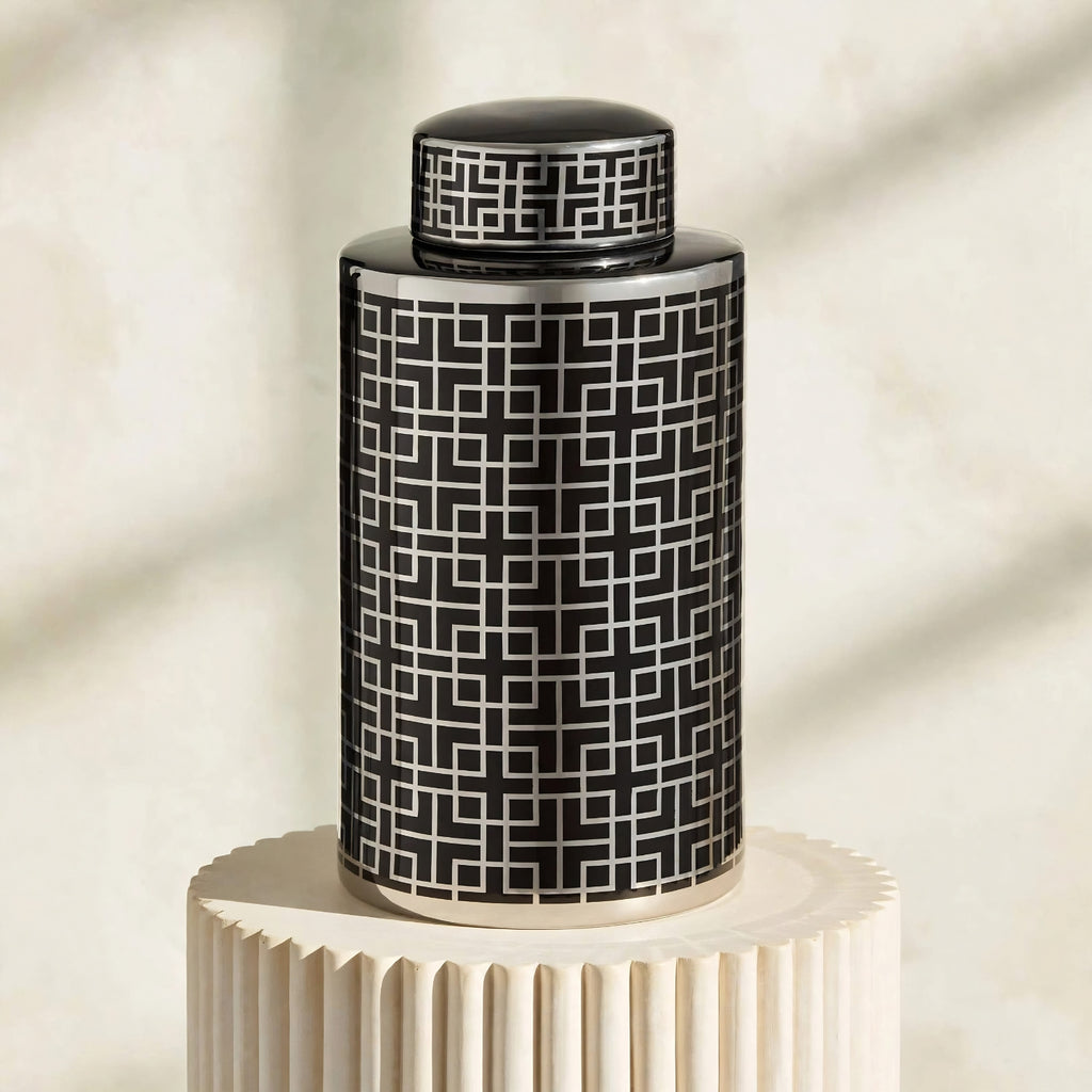 Geometric Ceramic Ginger Lidded Jar Black & Silver